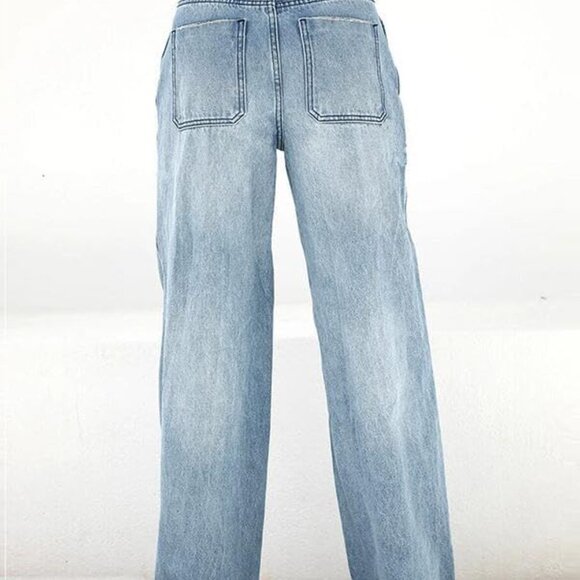 Stylish Women's Y2K Wide Leg Denim Pants - Distressed Mid Rise Light Blue - Picture 4 of 5